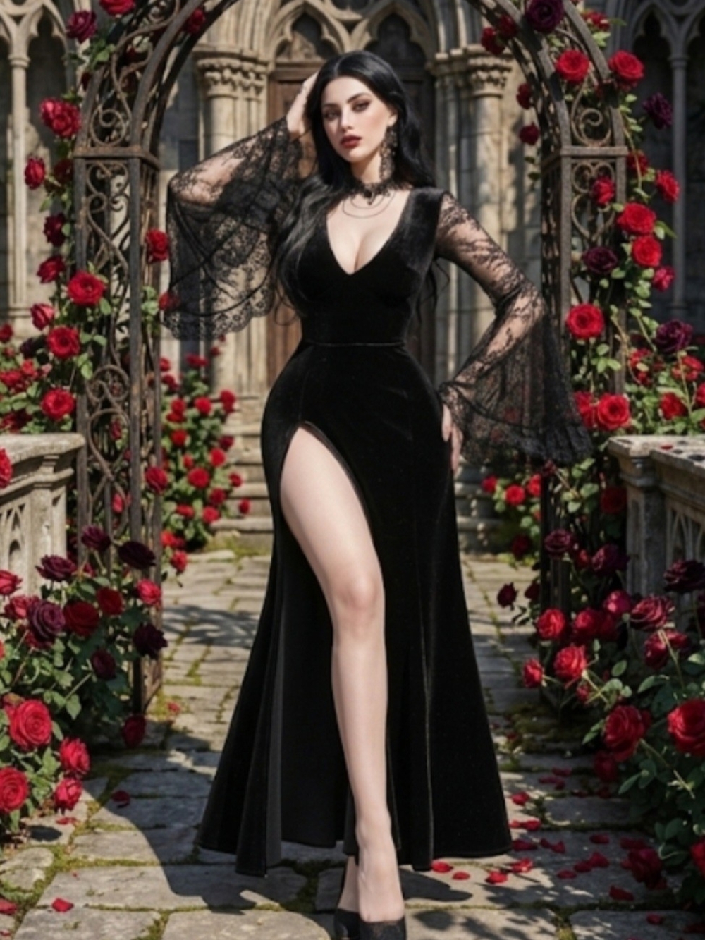 Elegant Black Velvet High-Low Dress with Sheer Lace Bell Sleeves